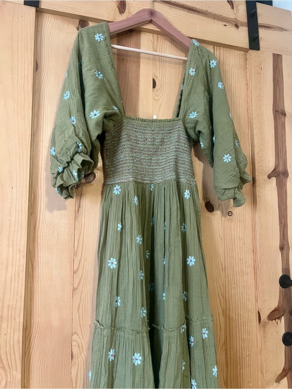 Free People Dahlia Dres Olive Green Maxi Dress with Light Blue Floral Embroidery